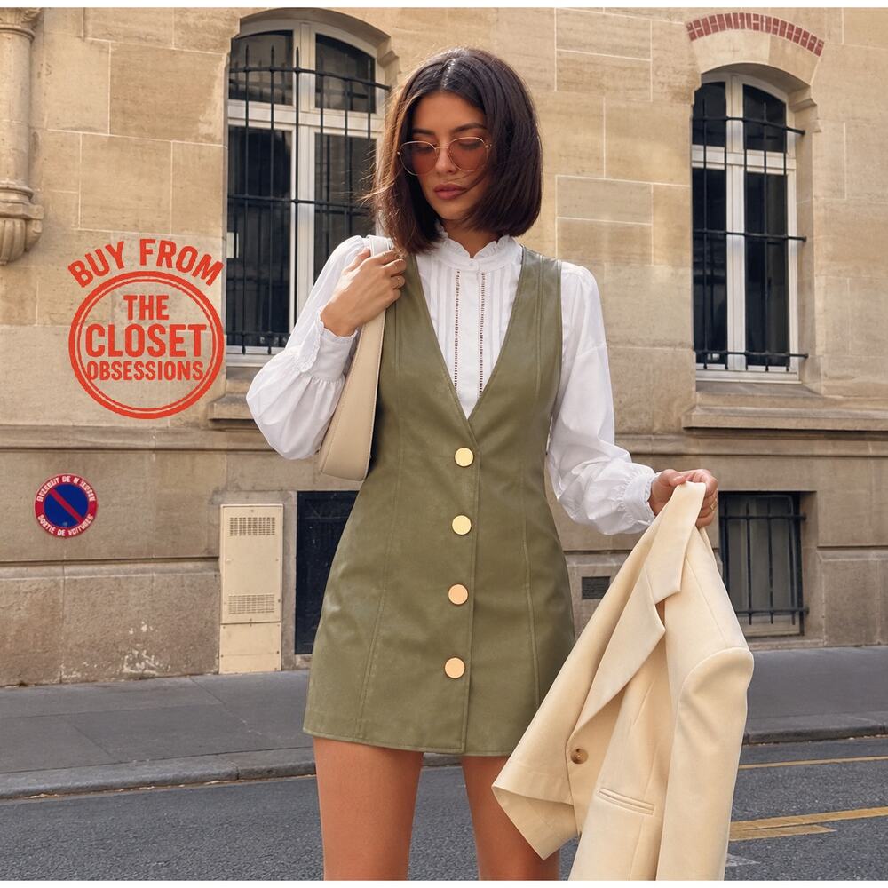 Zara NWT Green Faux Leather Button Front Pinafore Dress S M - Picture 8 of 16